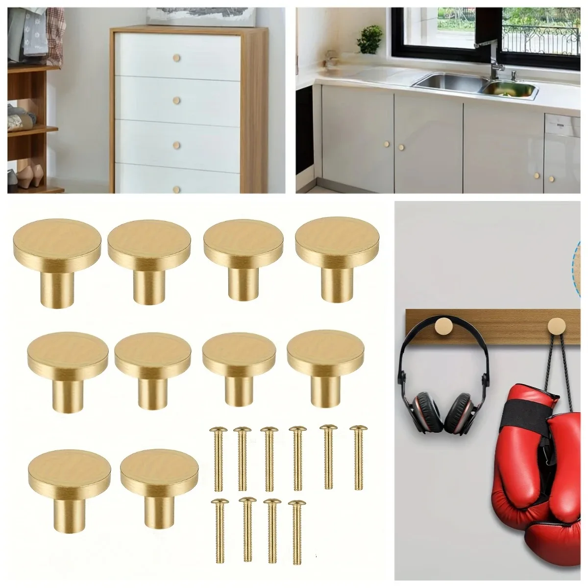 Brushed Brass Cabinet Knobs,Gold Round Drawer Pulls,Single Hole Furniture Handles for Kitchen Cabinets,Dresser,Wardrobe,Bathroom