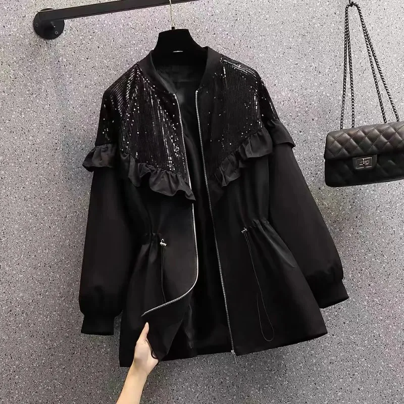 Fashionable Fungus Lace Sequined Jacket Women's Casual Solid Color Jacket Top