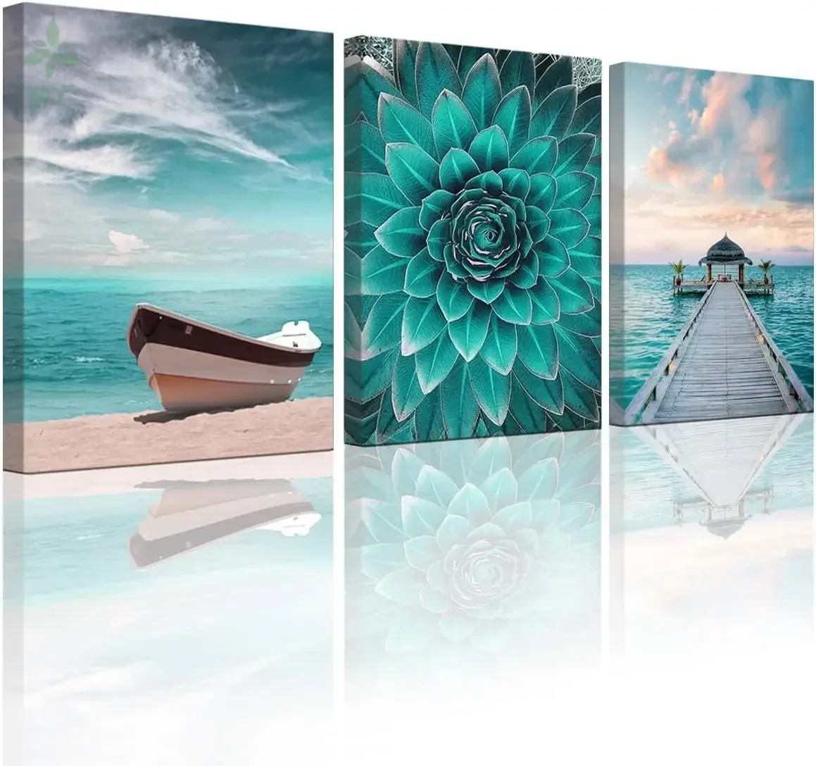 Marine Theme Green Flower Beach Picture Boat Sea Bridge Oil On Canvas Wall Decoration For Home Office