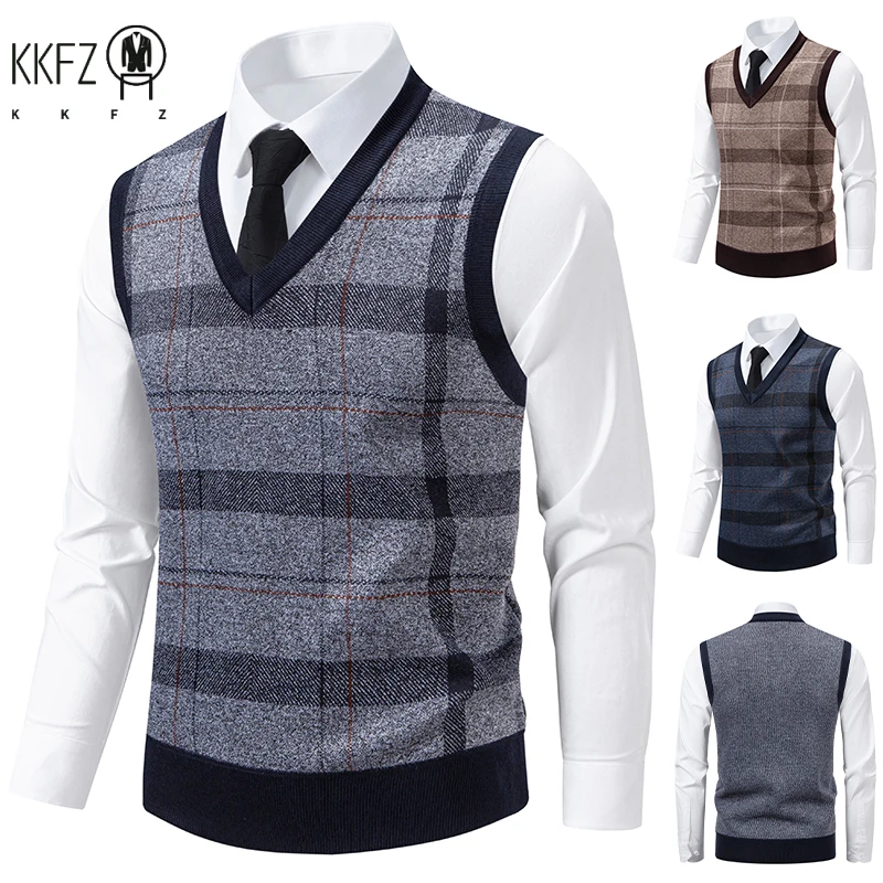 Men's V-Neck Knitted Sweater Diamond Grid Twisted Flower Casual Fashion Versatile Knit Top Autumn Winter