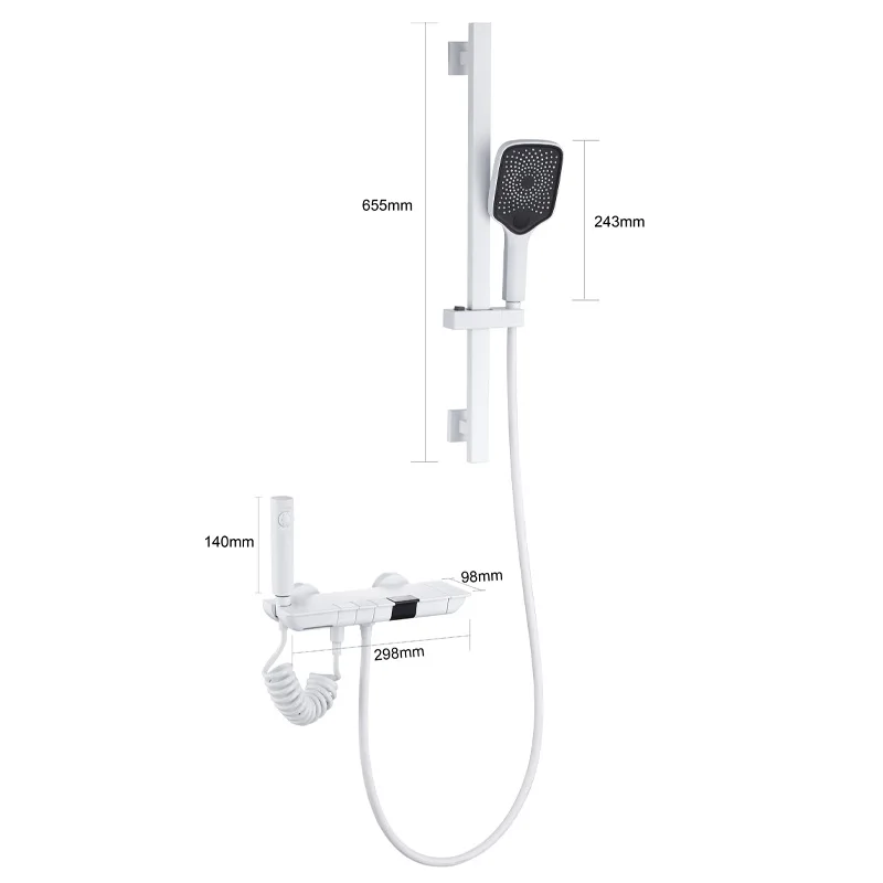 

White all-copper shower set, topless spray piano button, simple digital display, constant temperature shower, lifting rod for