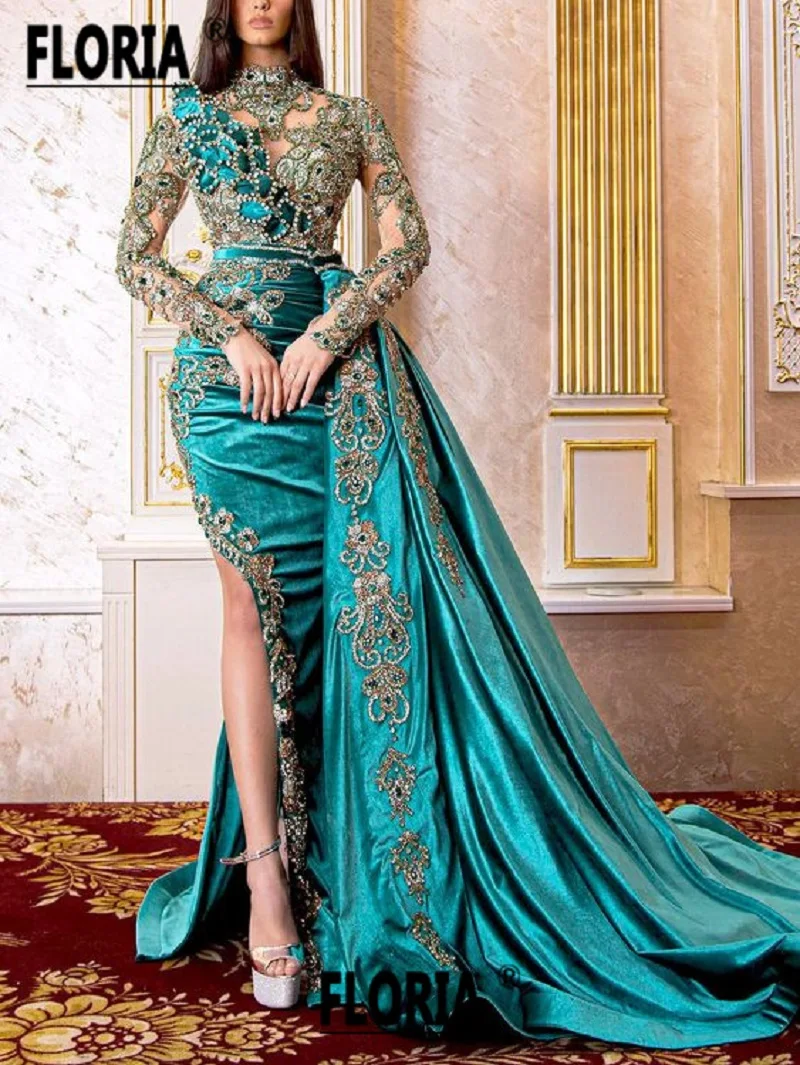 Luxury Crystal Beads Velvet Mermaid Evening Dresses Green Couture Long Sleeves Dubai Emoboidery Party Wedding Gown Vestidos Gala