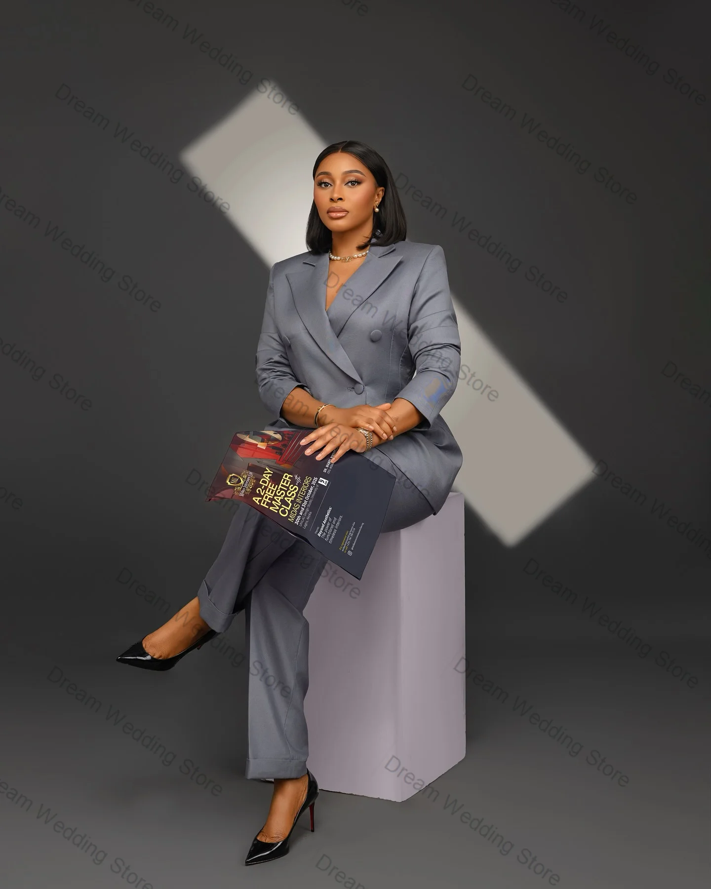 

Grey Women Suit Set 2 Pcs Blazer+Pants Trousers Formal Office Lady Jacket Double Breasted Customized Guest Wedding Tuxedos Coat