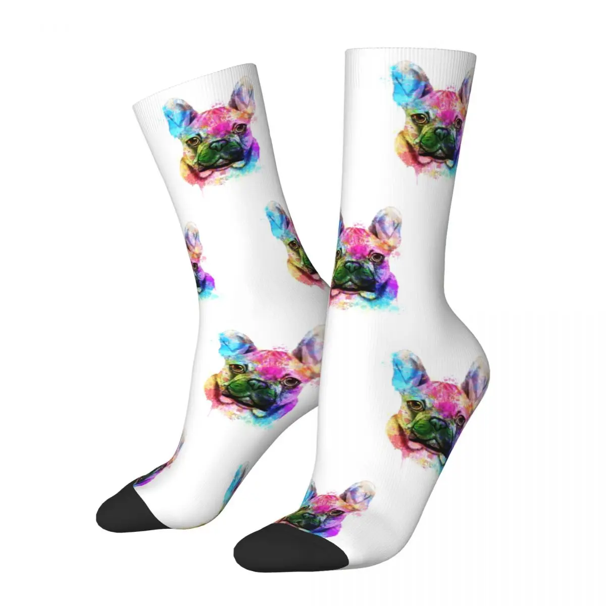 Crazy Design French Bulldog Watercolor Painting Portrait Soccer Socks Polyester Long Socks for Unisex Non-slip