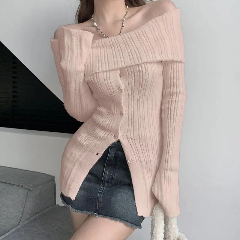 Sweater One-Piece Collar Button Solid Color Sexy Elegant Long Sleeve Casual Women'S Korean Fashion Retro Y2k Knitted Sweater