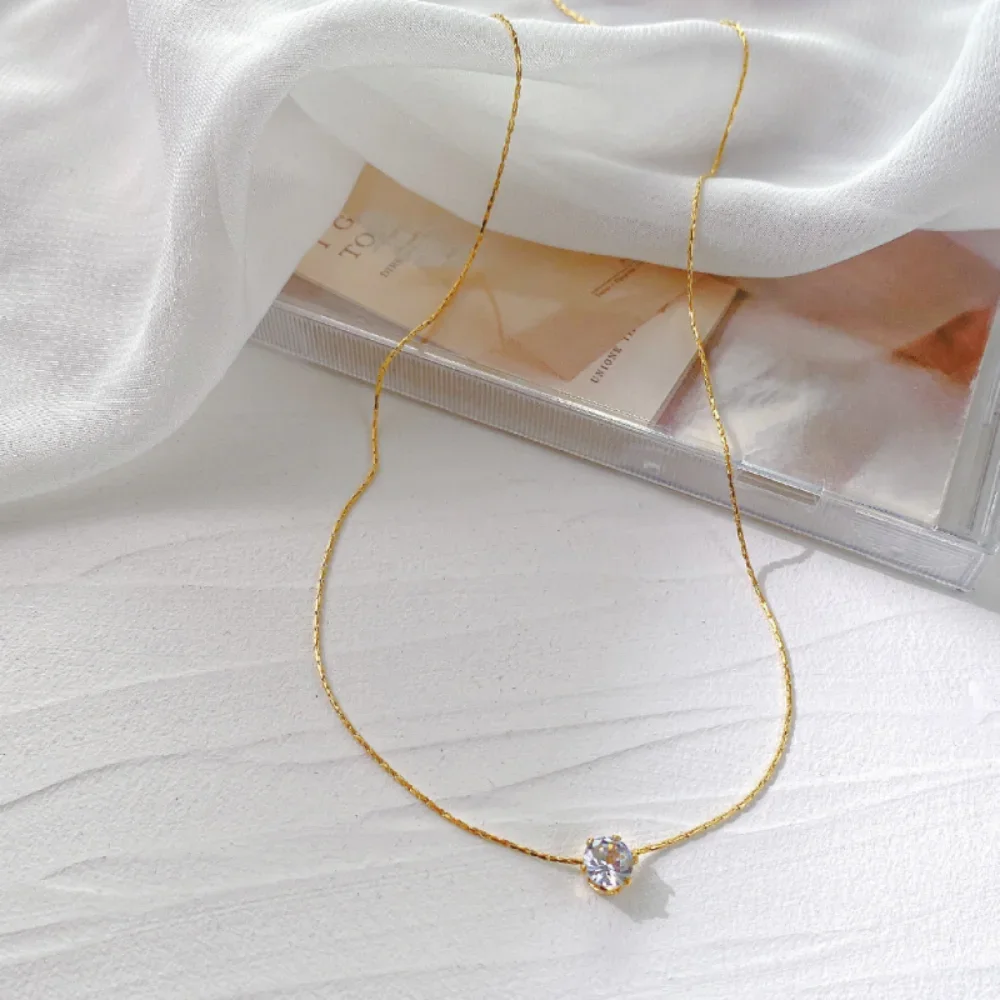 Stainless Steel Gold Plated Dainty Minimalist Zircon Charm Anti Tarnish Chain Round Clear Cz Stone Necklace for Women Jewelry image 6