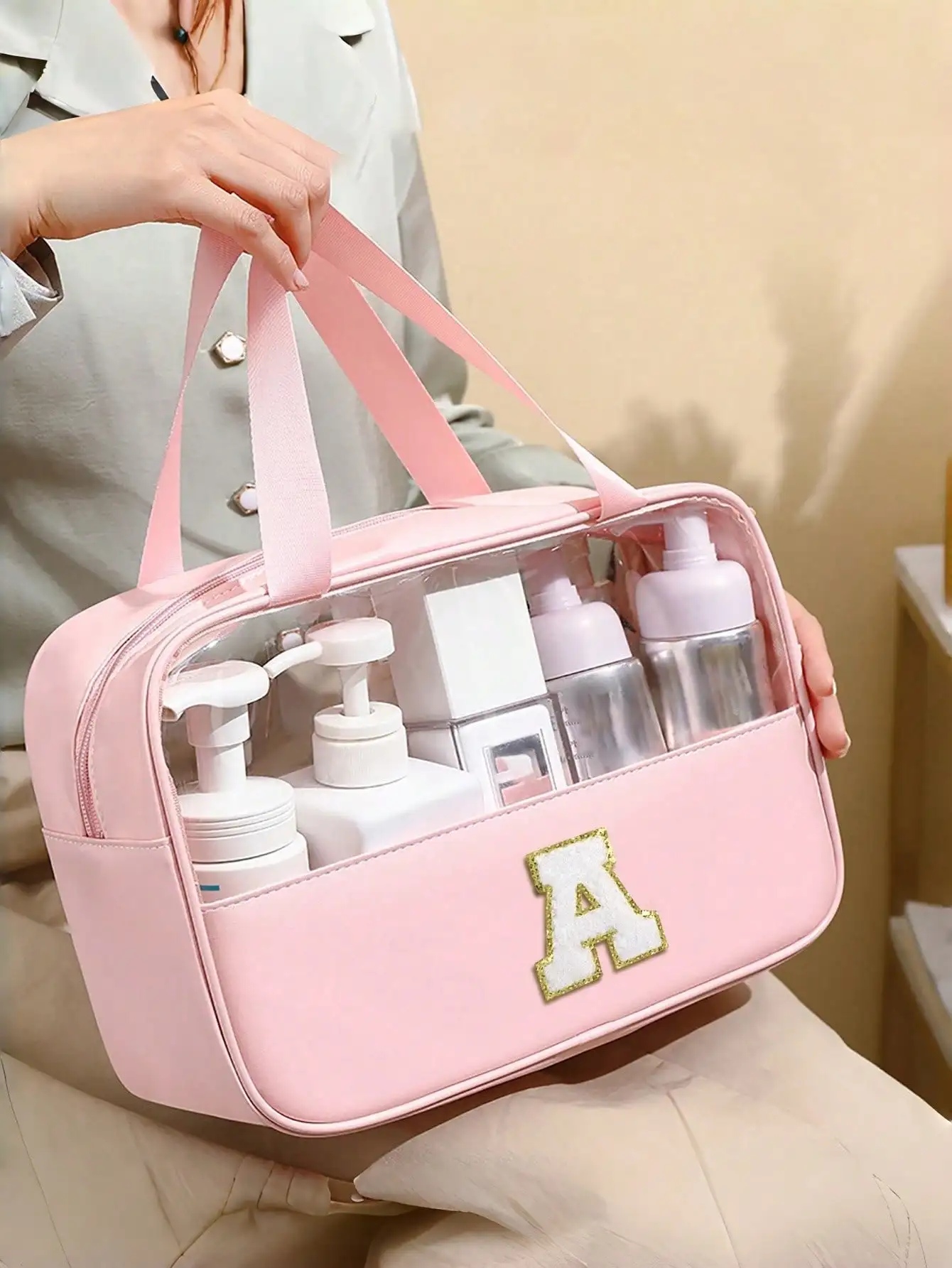 

Pink Transparent PVC Cosmetic Bag with Glitter Letter A Patch, Waterproof Travel Toiletry Organizer