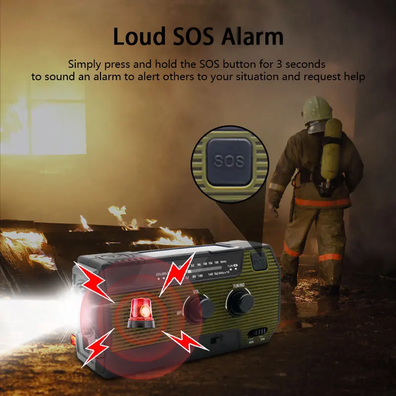 Radio Portatile Solare A Manovella Con Torcia LED, AM/FM/WB, Batteria 4000mAh, Impermeabile IPX3, Allarme SOS Per Campeggio Ed Emergenze