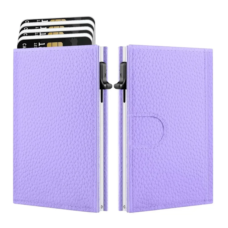 Purple Lychee Patterned Leather Wallet with Anti Demagnetization and Automatic Popping of Multiple Card Slots, Large Capacity