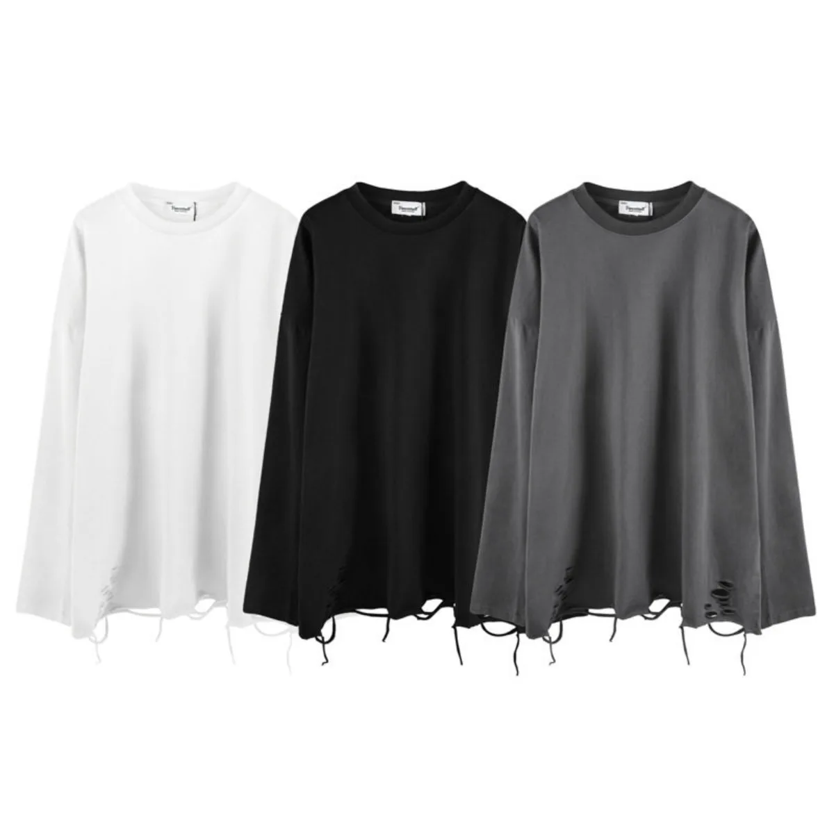 Japanese High Street Fashion Long Sleeved T-shirt with A Torn Hem Men's Trendy Loose Solid Color