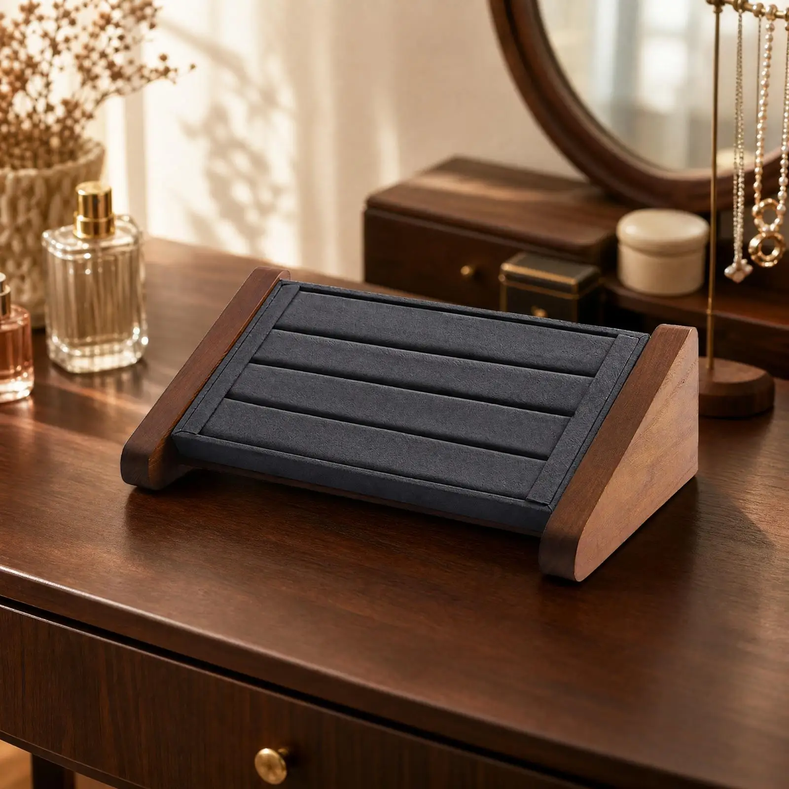 Tabletop Jewelry Rack Solid Wood Frame Padded Elastic Strip Display Holder for Small Jewelry Collection Counter Storage