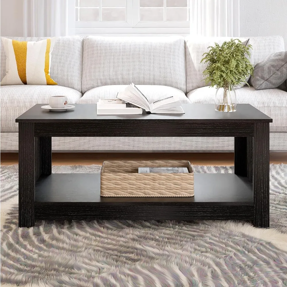 Wooden One Style Fits All Coffee Table - Black Coffee Table, 2-Tier Rectangular Table Living Room, Scratch/Water Resistant