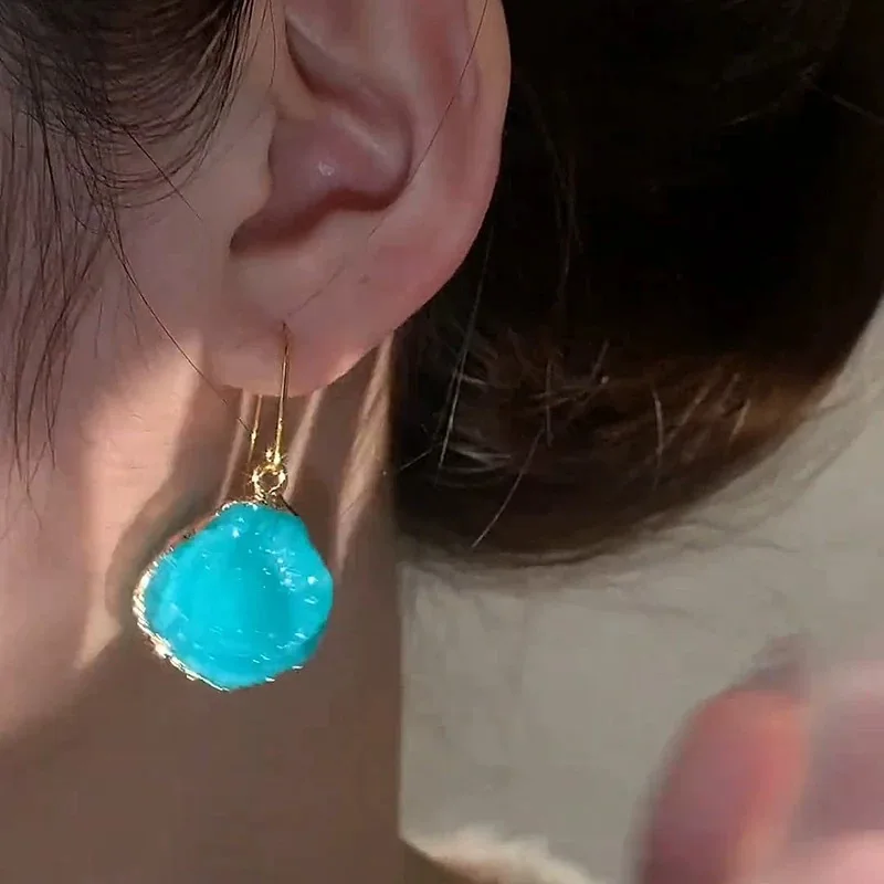 Vintage Blue Charm Irregular Geometric Gemstone Pendant Earrings for Women Fashion Accessories Holiday Jewelry Wedding Gifts - Detail 1