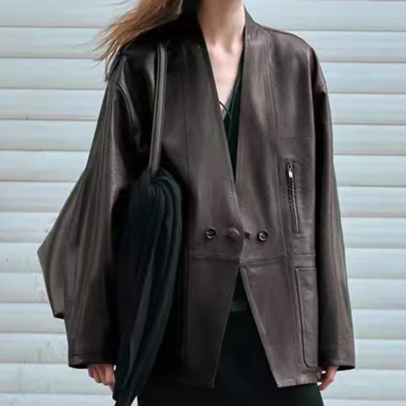 Women's Leather Clothing, V Neck, Genuine Sheepskin, Maillard Cool Atmosphere, Show Slim, Loose Design, Motorcycle Coffee Coat