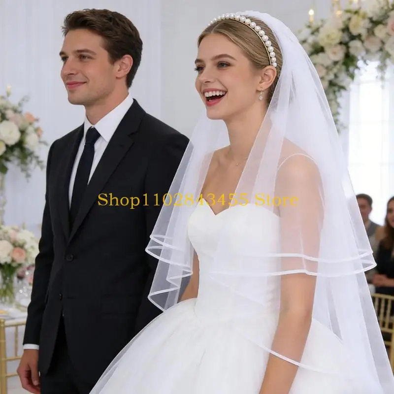 49MC Beautiful Wedding Hairpiece Pearls Accented Headband And Veil Feature for Bridal