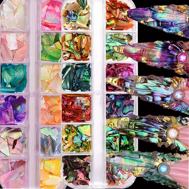 12 siatek/pudełko naturalne plastry muszli Abalone Nail Art mieszane nieregularne muszla Aurora cekiny DIY kolorowe muszle oceaniczne artykuły do ​​paznokci