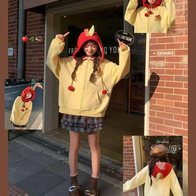 

Japan Sweet And Cute Apple Design Hooded Sweatshirt For Women In Autumn And Winter Versatile Velvet Slimming Loose Coat