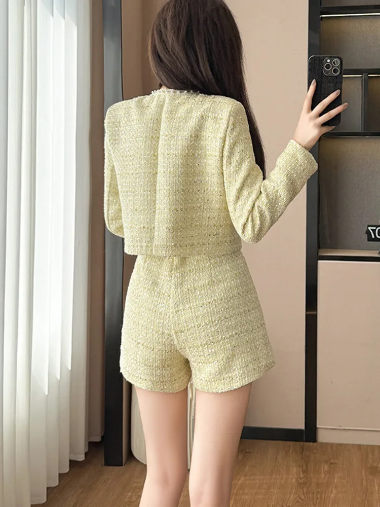 خريف جديد الفرنسية الراقية دعوى الاجتماعية الحلو معطف قصير أعلى عالية الخصر ضئيلة مجموعة تي شيرتات قصيرة للأطفال أنيقة قطعتين مجموعات ملابس النساء
