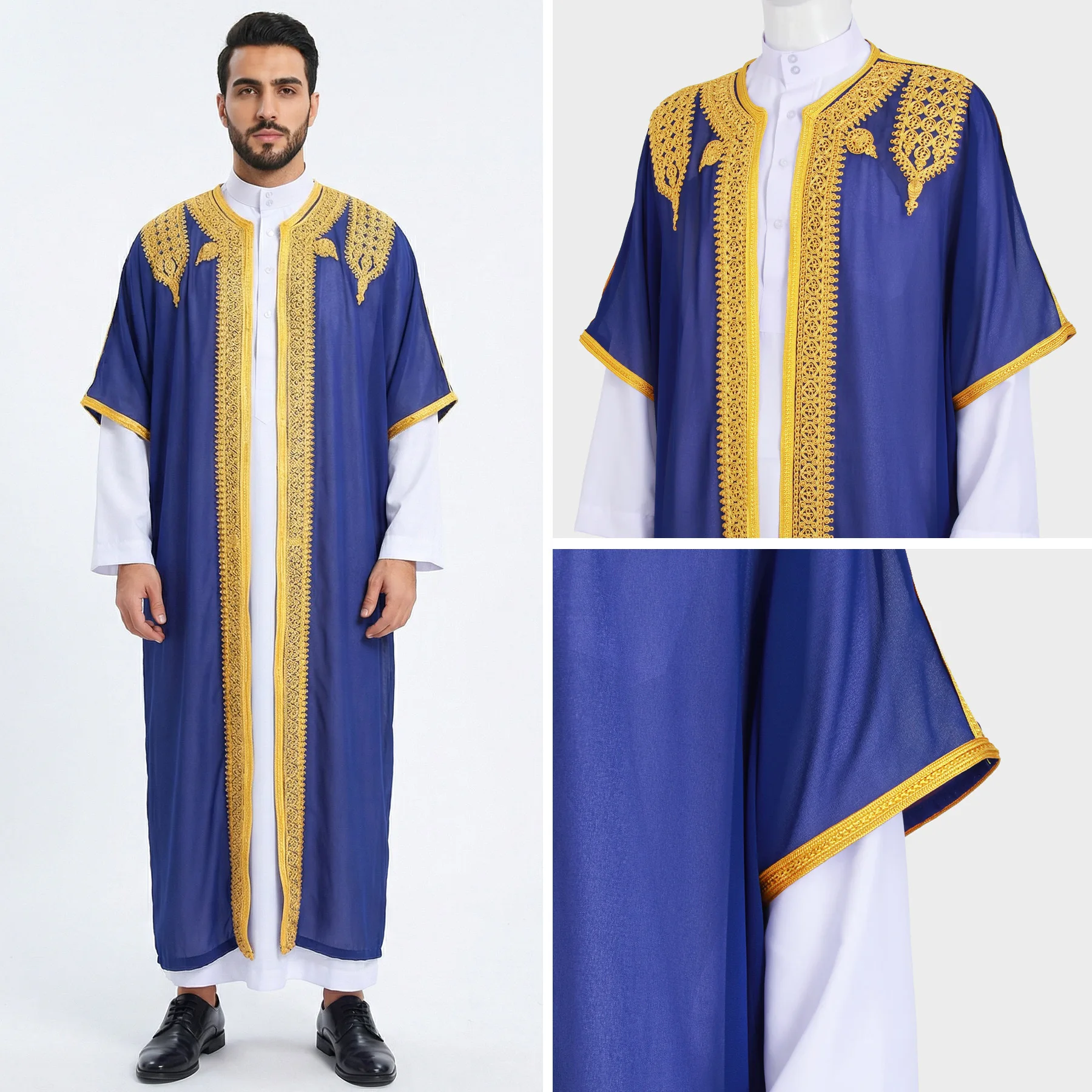 

Мужская исламская одежда в ближневосточном стиле: золотая вышивка, короткий рукав, открытая абайя, исламский халат, оптом.