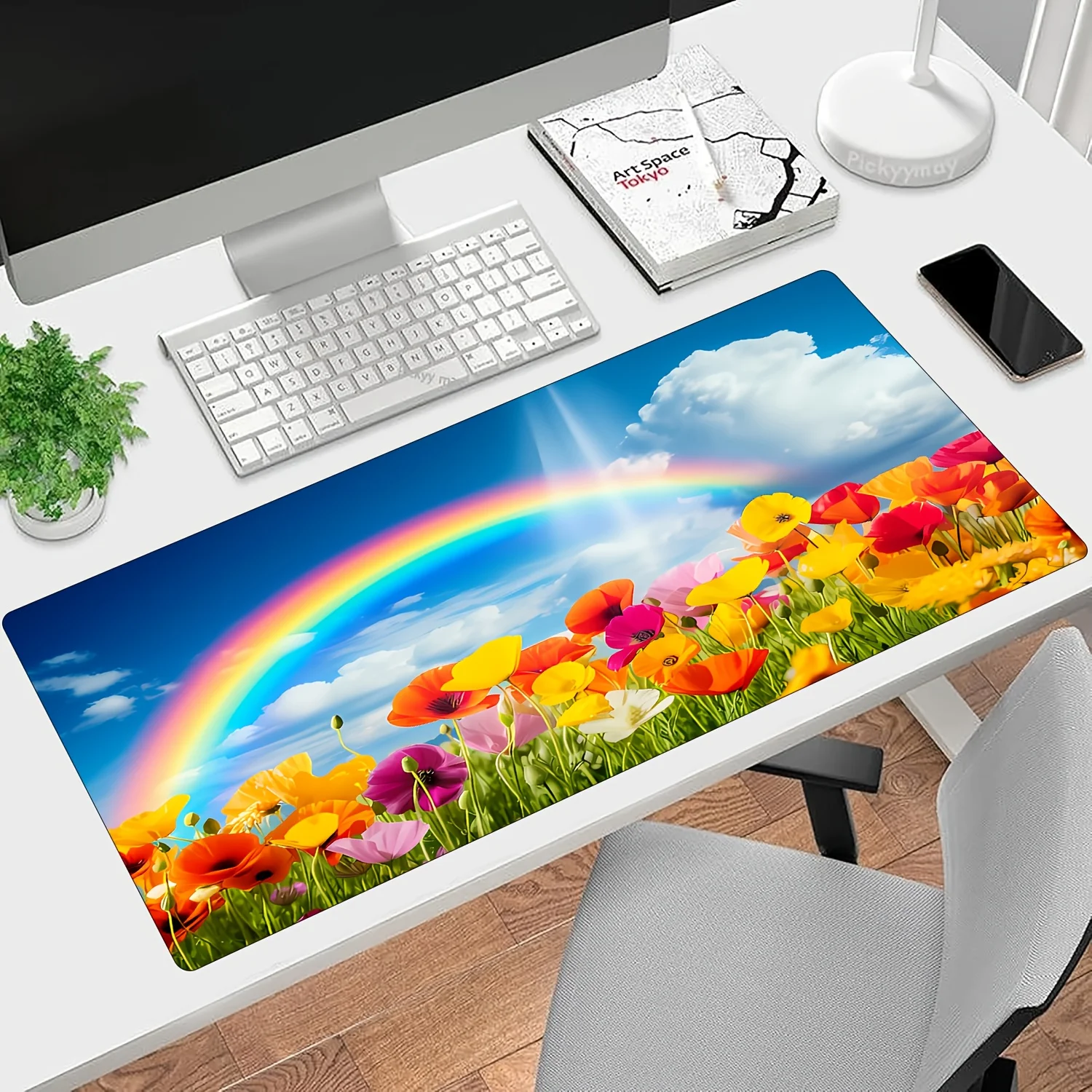 قطعة واحدة من لوحة ماوس كبيرة ممتدة بتصميم قوس قزح وزهور - حصيرة مكتب مطاطية مقاومة للماء مع حواف مخيطة، قاعدة غير قابلة للانزلاق لـ
