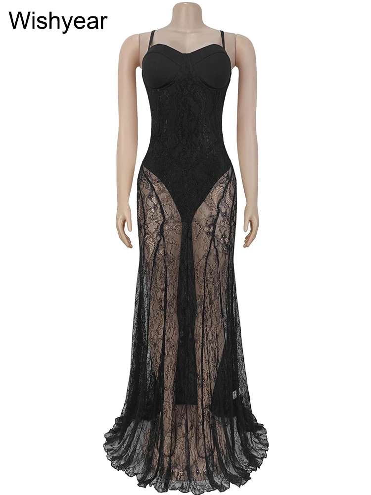 Wishyear Damen Sexy Black Mesh Lace Floral Bodysuit Spaghettiträger Meerjungfrau Kleid für Nachtclub Geburtstag Party Abendrobe