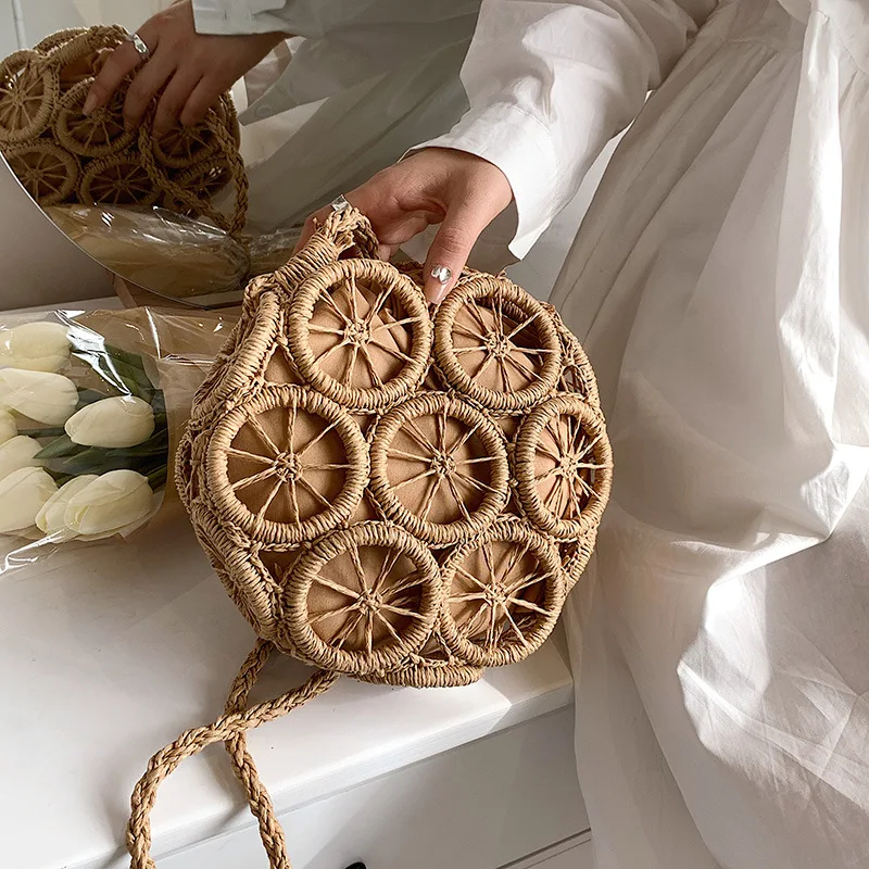 Summer Hollow Round Straw Bag For Women Casual Woven Handmade