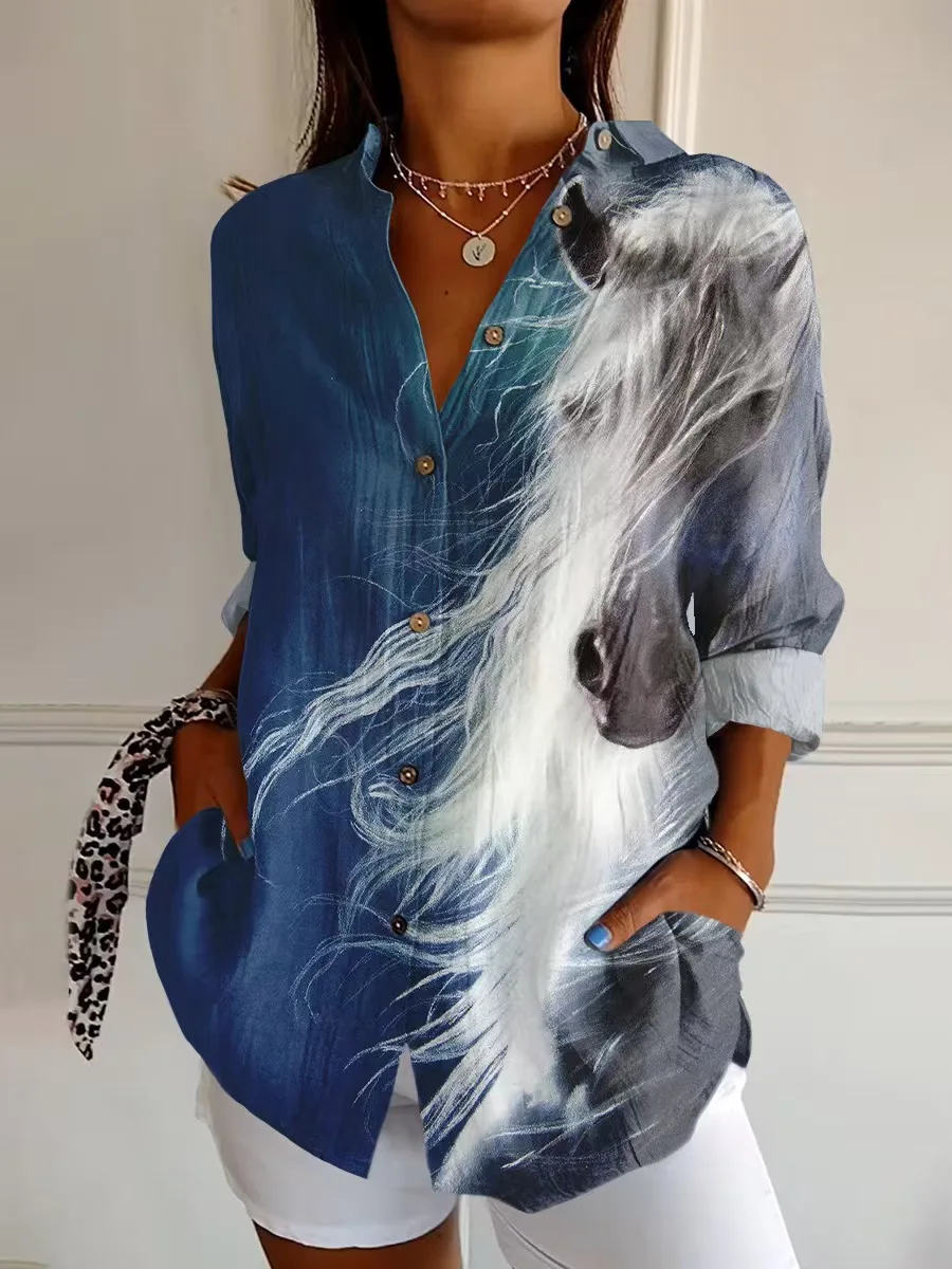 2025 new women's shirts Summer European and American trendy long-sleeved shirts with printed 3D shirts with floral patterns