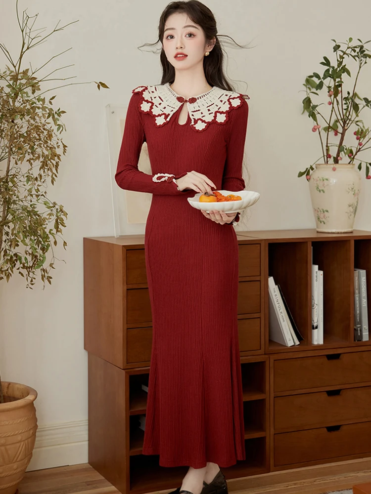 

Women Red Knitted Patchwork Doll Collar Long Dress Autumn Winter Elegant Ruffled Dress 2025 Korean Fashion Bodycon Sweater Dress