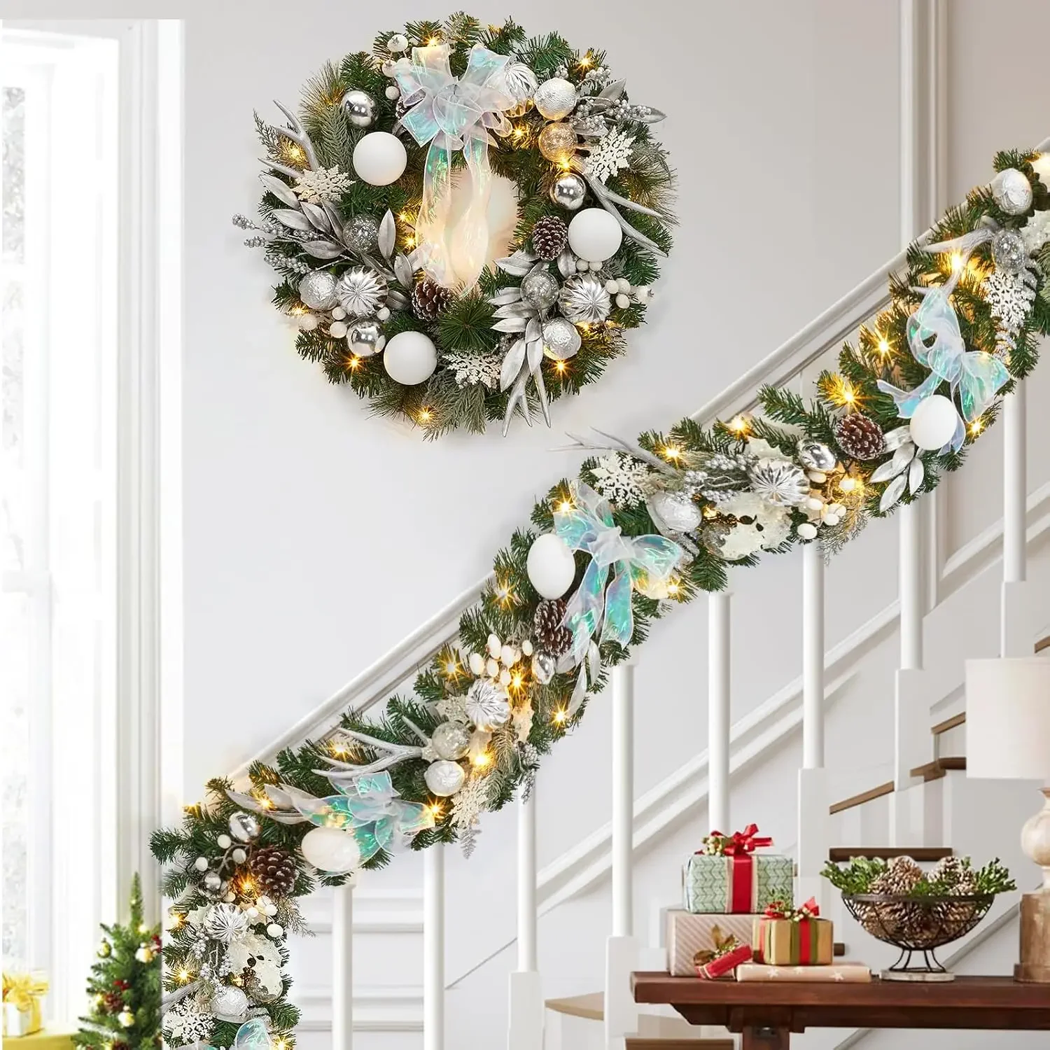 Garvee 6FT White Silver Christmas Garland with Lights & Timer for Mantle 20 LEDs 8 Modes Battery Operated, Lighted Winter Garland with Deer Antlers & Ball Ornaments for Fireplace Stairs