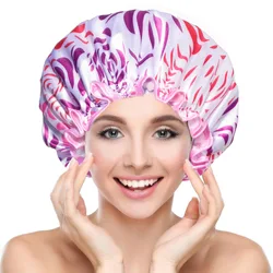 Large Female Shower Cap Solid Color Satin Double Layer Waterproof Bath Cap Peva Hair Baking Oil Cap Care Cap Shower Cap