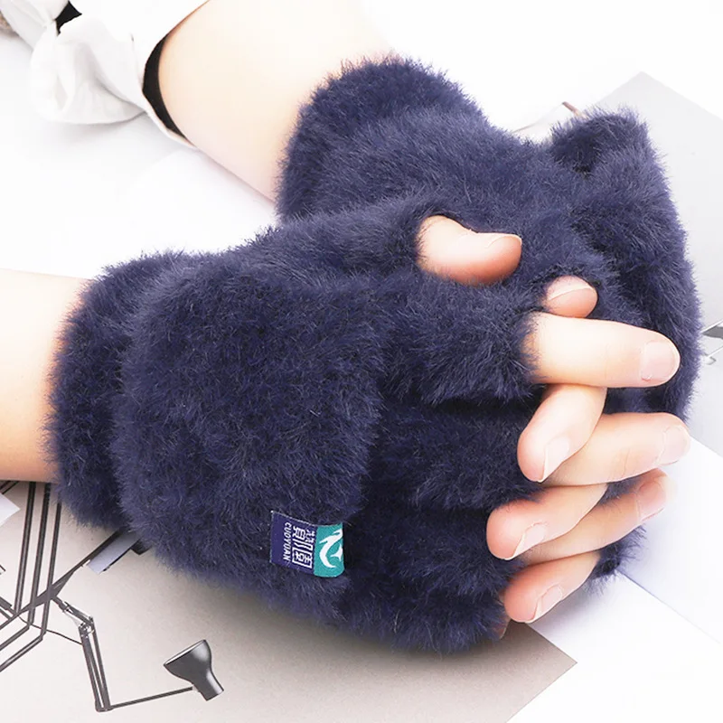 Winter Rabbit Fur Mittens Women Warm Gloves Girls Feamle Flip Plush Glove Fingerless Thicken Warm Mitten Work Gloves Half Finger