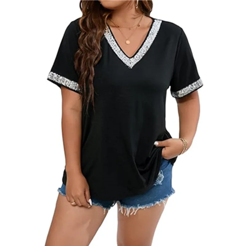 2024 Frühling neue einfarbige Perle Kurzarm Pailletten T-Shirt Top Damen bekleidung