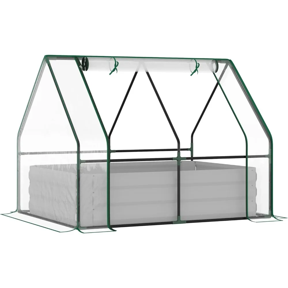 

4' x 3' Galvanized Raised Garden Bed with Mini PVC Greenhouse Cover, Outdoor Metal Planter Box with 2 Roll Up Windows for Growin