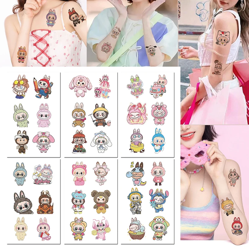 

6 Sheets/set Cartoon Kawaii Labubu Temporary Tattoo Stickers Cute Children Waterproof Tattoo For Kids Funny Birthday Gift