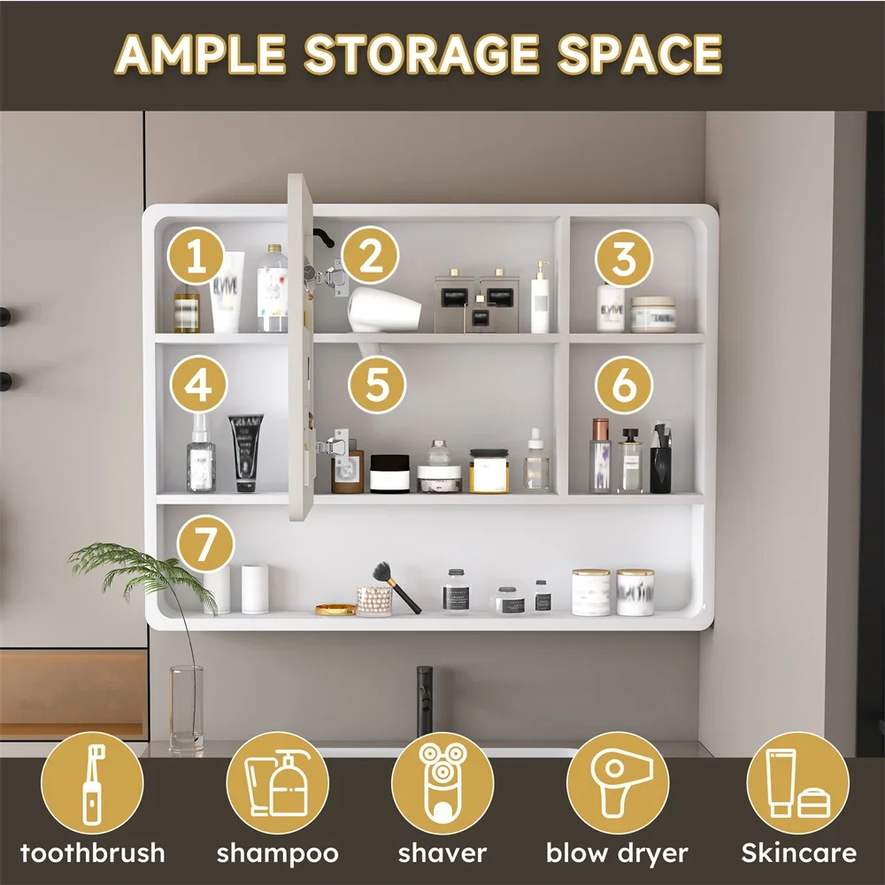 Armadietto a specchio da bagno in alluminio da 35 x 28 pollici per bagno con portaoggetti per trucco Luce LED a 3 colori e funzione di disappannamento