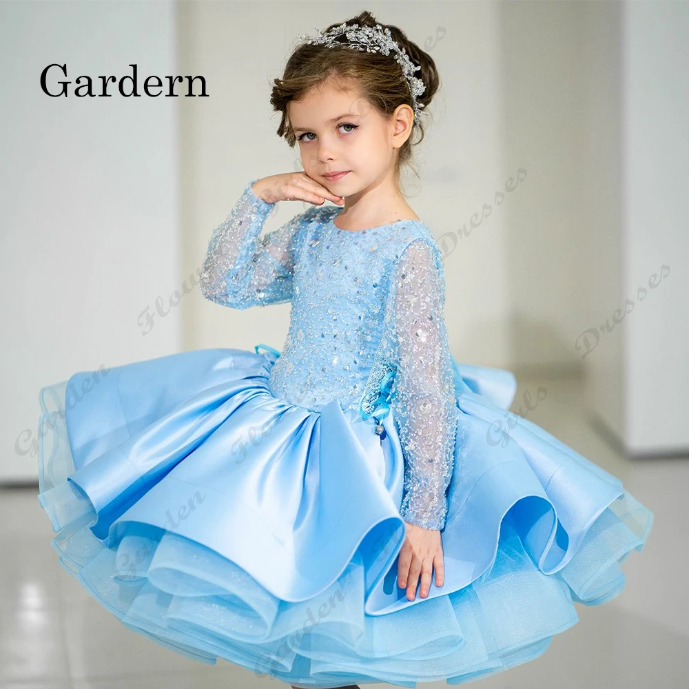 

Cute Sky Blue Flower Girls Dresses with Sequined Scoop Full Sleeve Christmas Gowns for Princess 2025 Summer فلور فتاة اللباس New