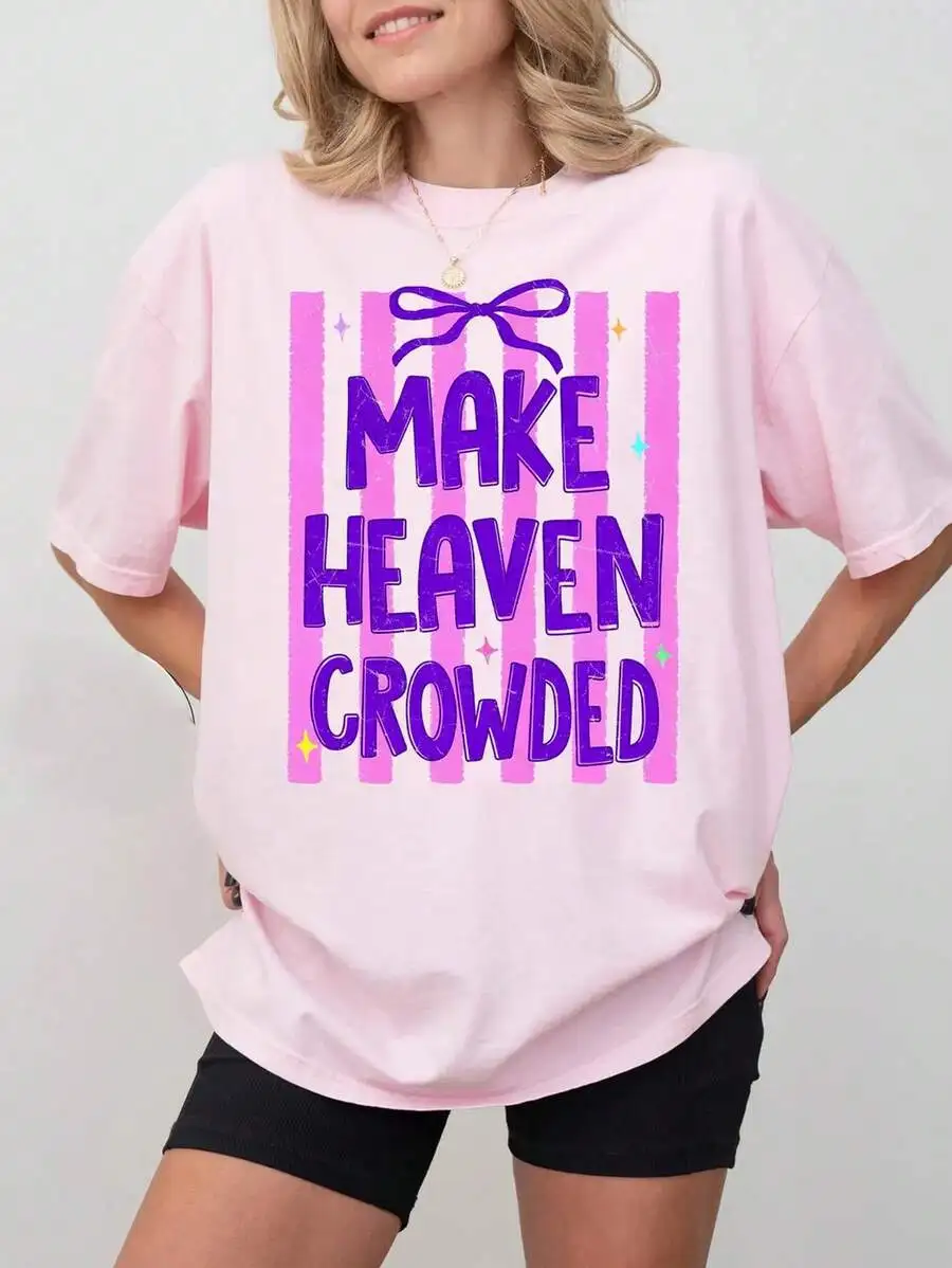 Women's Striped God Is Good Big Jesus Fan His Way Is Better Make Heaven Crowded Preppy Christian Graphic Print T‑Shirt Crew Neck Short Sleeve Casual Tee Top