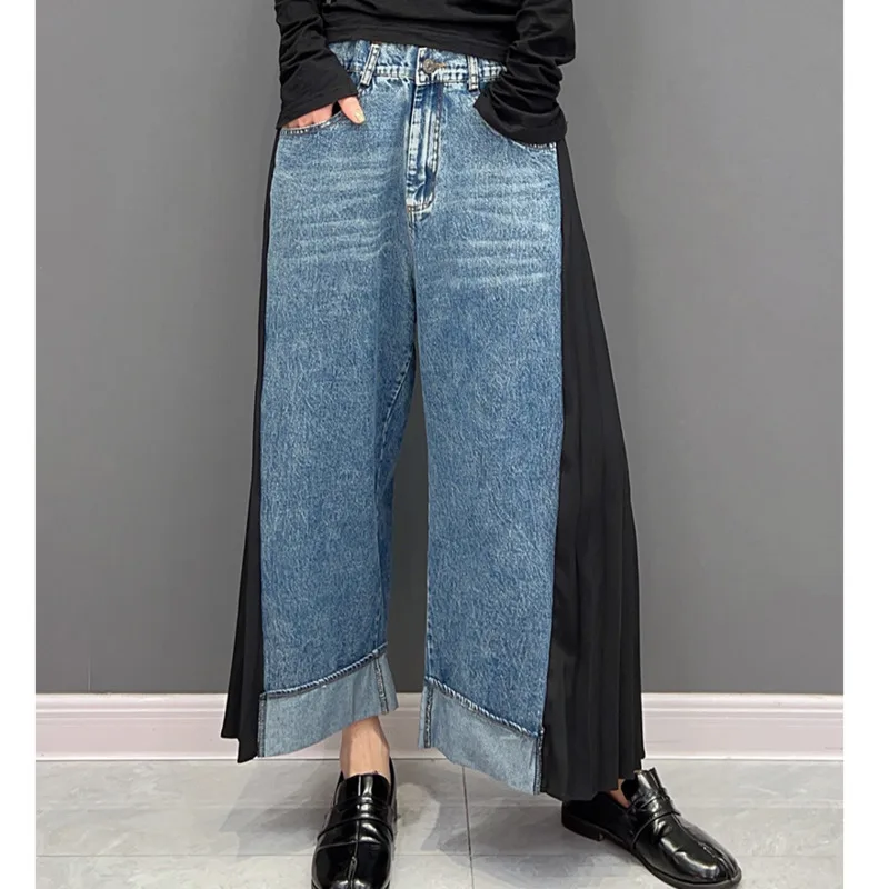 Cintura elástica 2025 verão feminino denim emenda plissados calças de perna larga personalidade solta retro cor bloqueando calças lhx3113