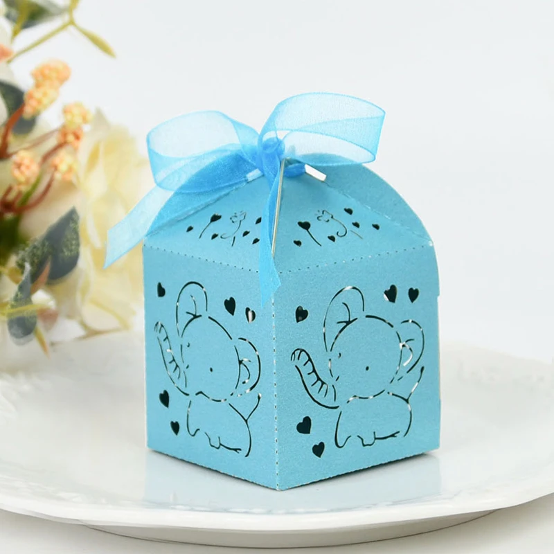 10/50pcs Baby Blue Elephant Candy Gift Box Hollow Paper Chocolate Treat Box Boy Girl Baby Shower Supplies Birthday Party Decor