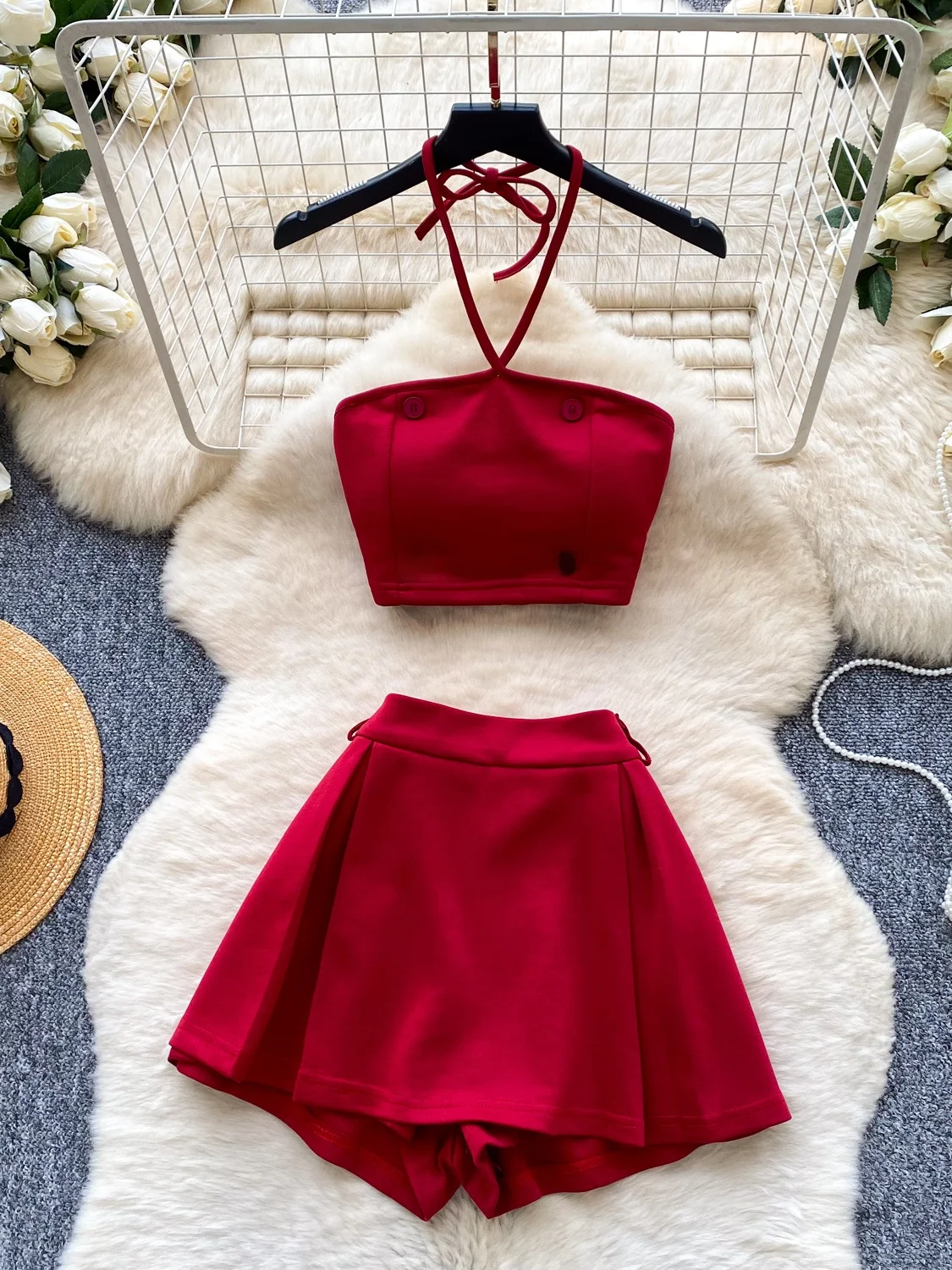

Red Halter Neck Tube Top And Vest Set Women's Summer Sleeveless Slimming Casual Two Piece Set High Waist Commute Style