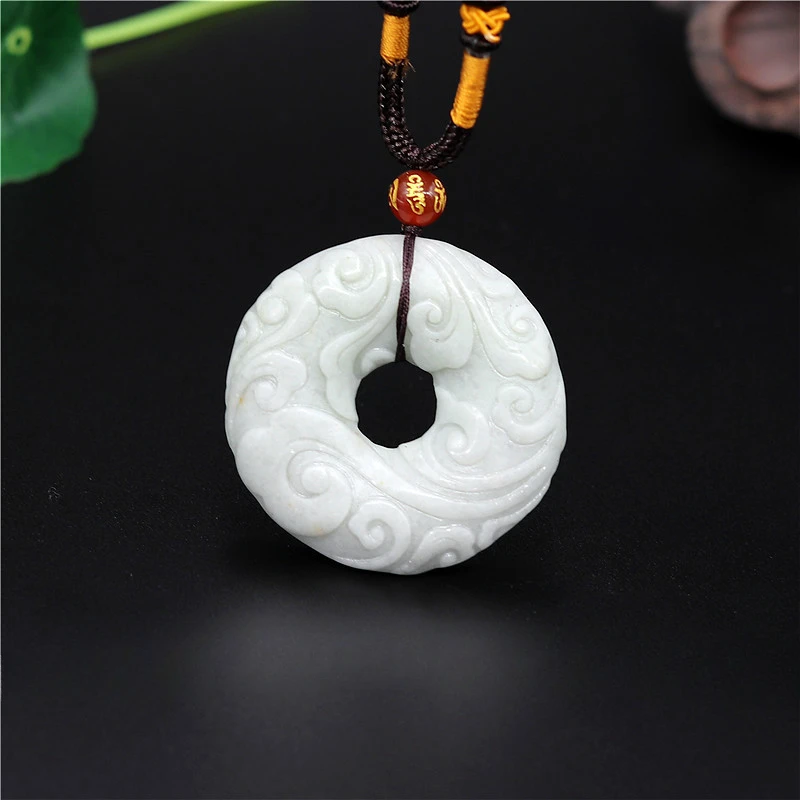 

Natural White Green Chinese Jade Cloud Rune Pendant Necklace Charm Jewelry Double-sided Hollow Carved Amulet Gifts for Women Men