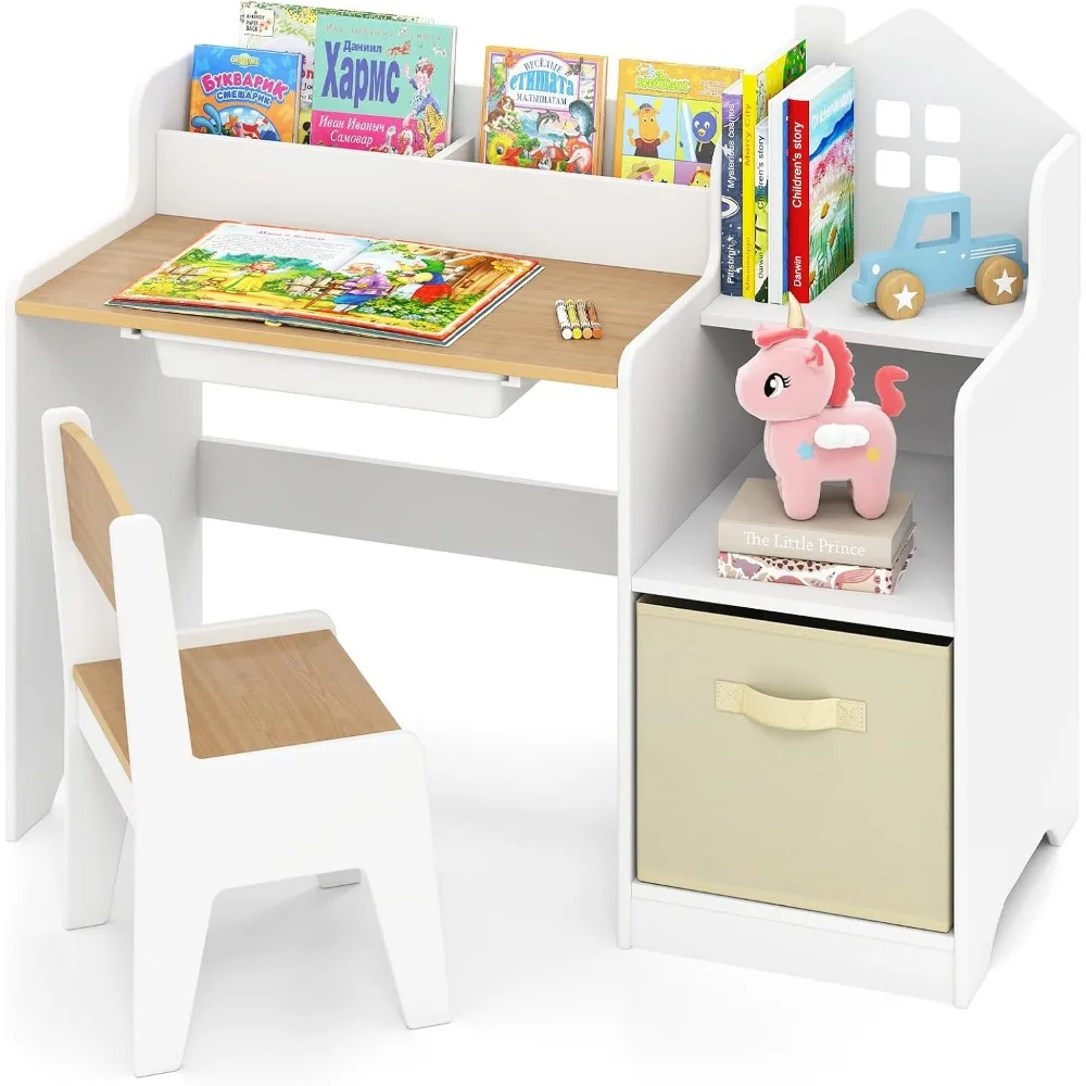

Children's Wooden Art Desk and Chair Set with Storage Bin for Play and Learning Activities