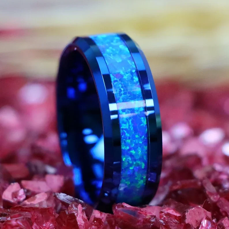 Blue Opal Inlay Tungsten Rings,,fire Opal Ring, Blue Wedding Ring for Man, Christmas Gift for Him, Valentine Day Gifts