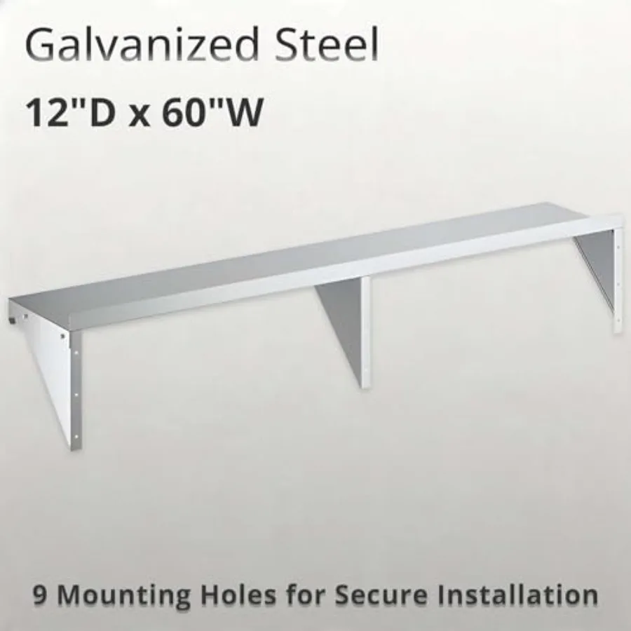 Commercial kitchen wall mount shelf: galvanized steel, silver, 20 gauge, 60 NSF-certified with backsplash, 315 lb capacity