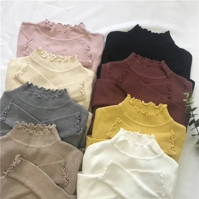 

High Elastic Solid Korea Fall Winter Fashion Sweater Turtleneck Ruched Women Sweater Women Slim Sexy Knitted Pullovers White