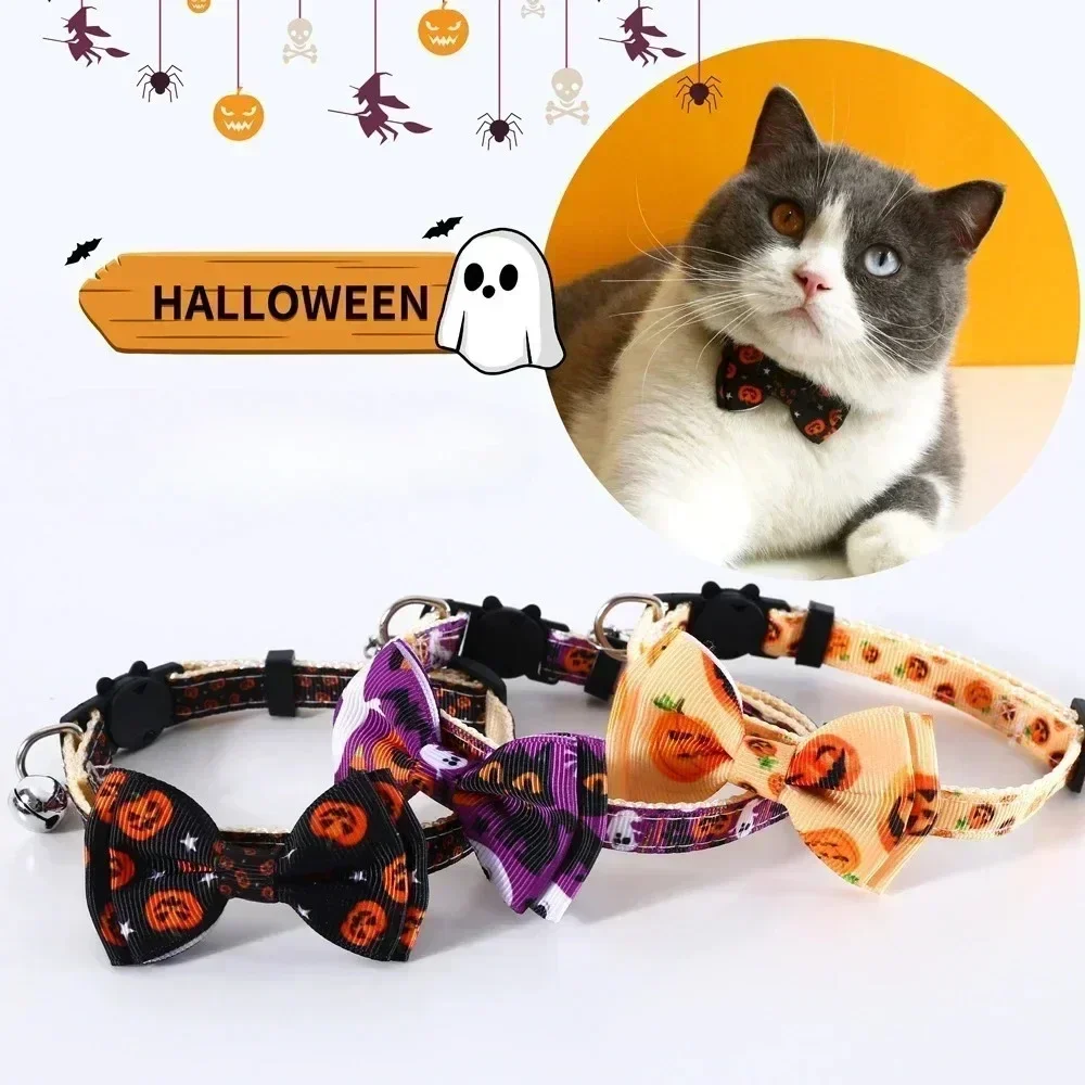 1× Halloween-Katzenhalsband mit Fliege, Glocke, Kürbis-, Totenkopf- und Geistermustern, Sicherheitsverschluss, verstellbares Katzenzubehör für Haustiere – Detail 1