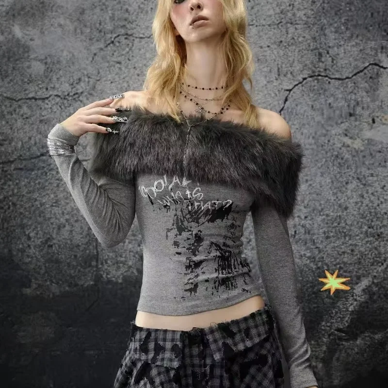 American Style Spicy Girl Faux Fur Tops Off Shoulder Long Sleeve Slim Fit Tops Woman Casual Sweet Korean Fashion Blouse