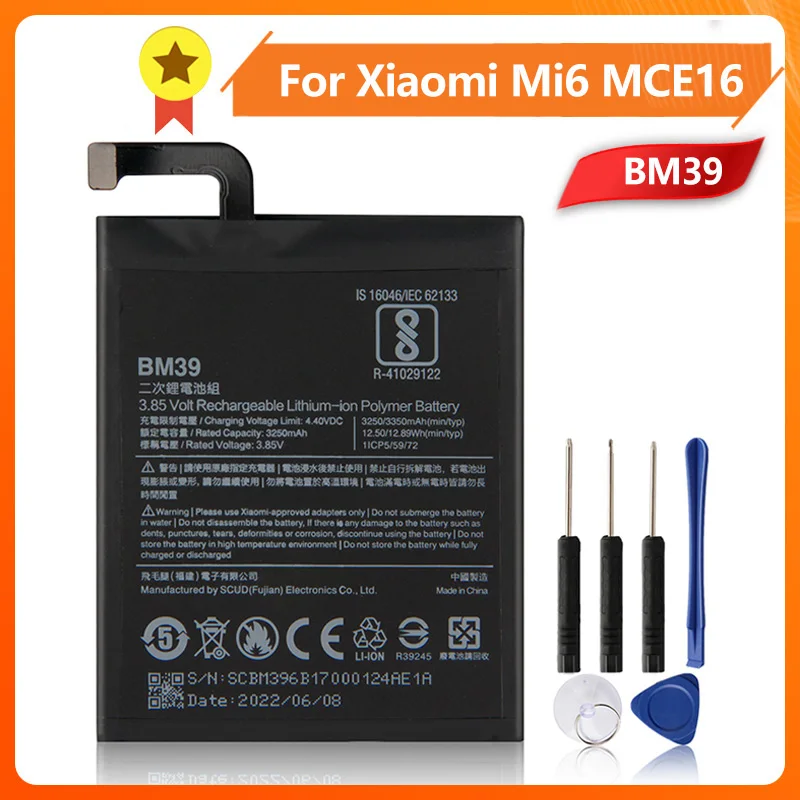 BM39 Phone Replacement Battery For Xiao mi 6 Mi6MCE16 BM39 3350mAh replace battery + Tool