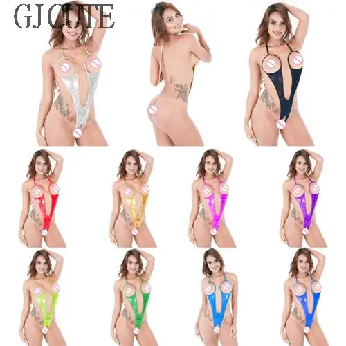 Women Super Sexy Patent Leather One-Piece Deep V Erotic Lingerie Teddy Open Cup Fashion