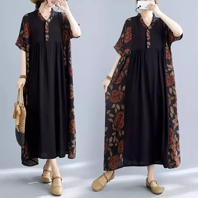 

2024 New Art Large Size Print Spliced Dress Women's Summer Clothing Casual Large Size Short Sleeve Long Dress K1031